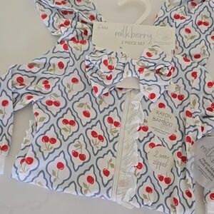 Milkberry 2 Piece Set Cherry Footed Infant Romper NEW